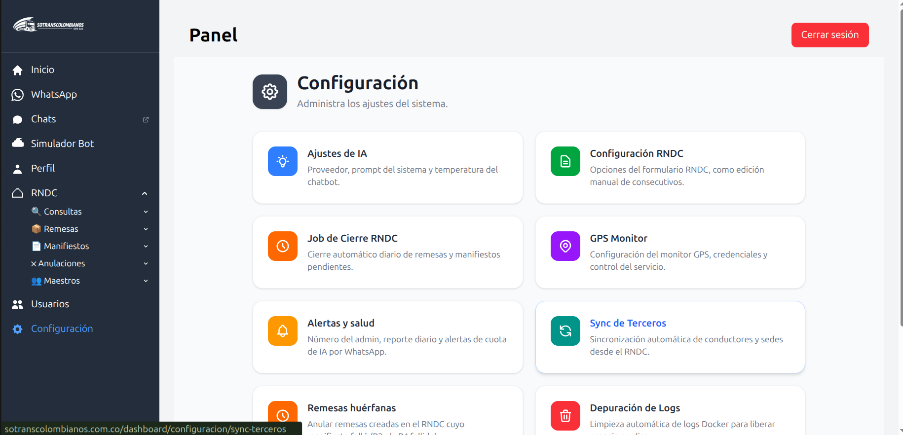 Docubot configuration panel